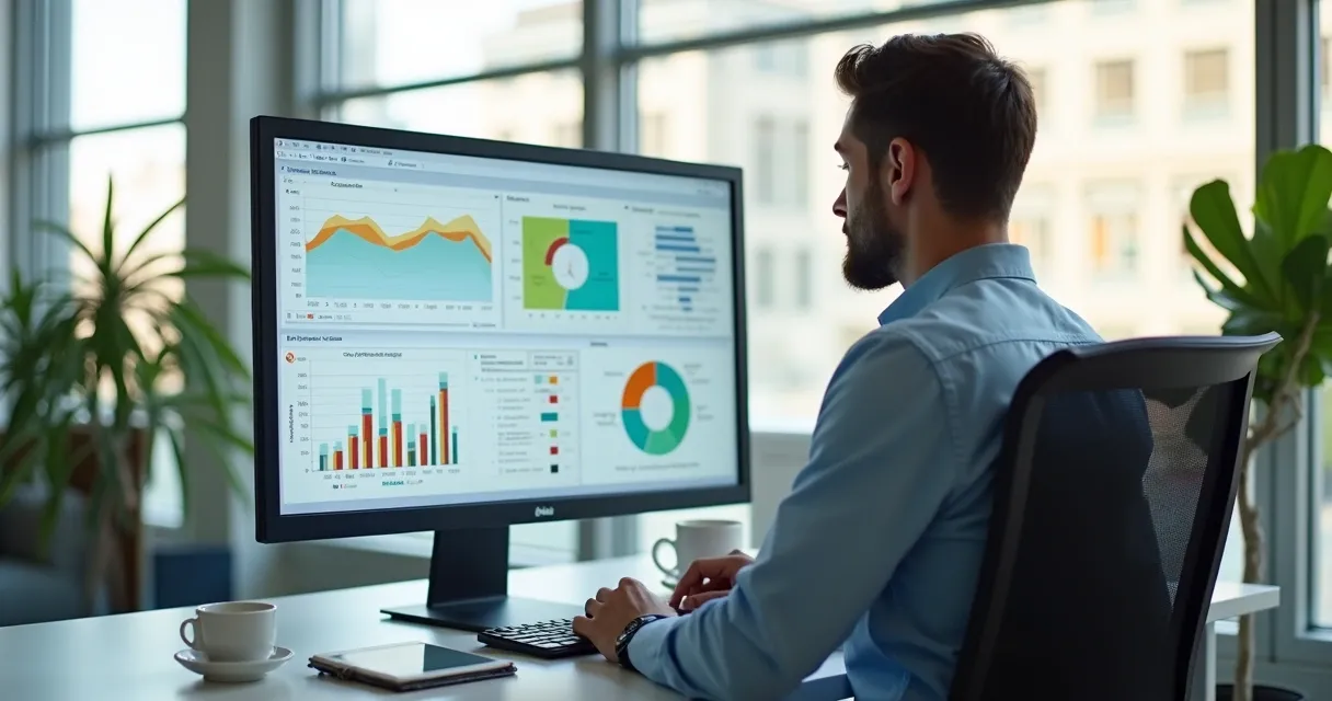 Profissional de vendas visualizando relatório de leads em tela