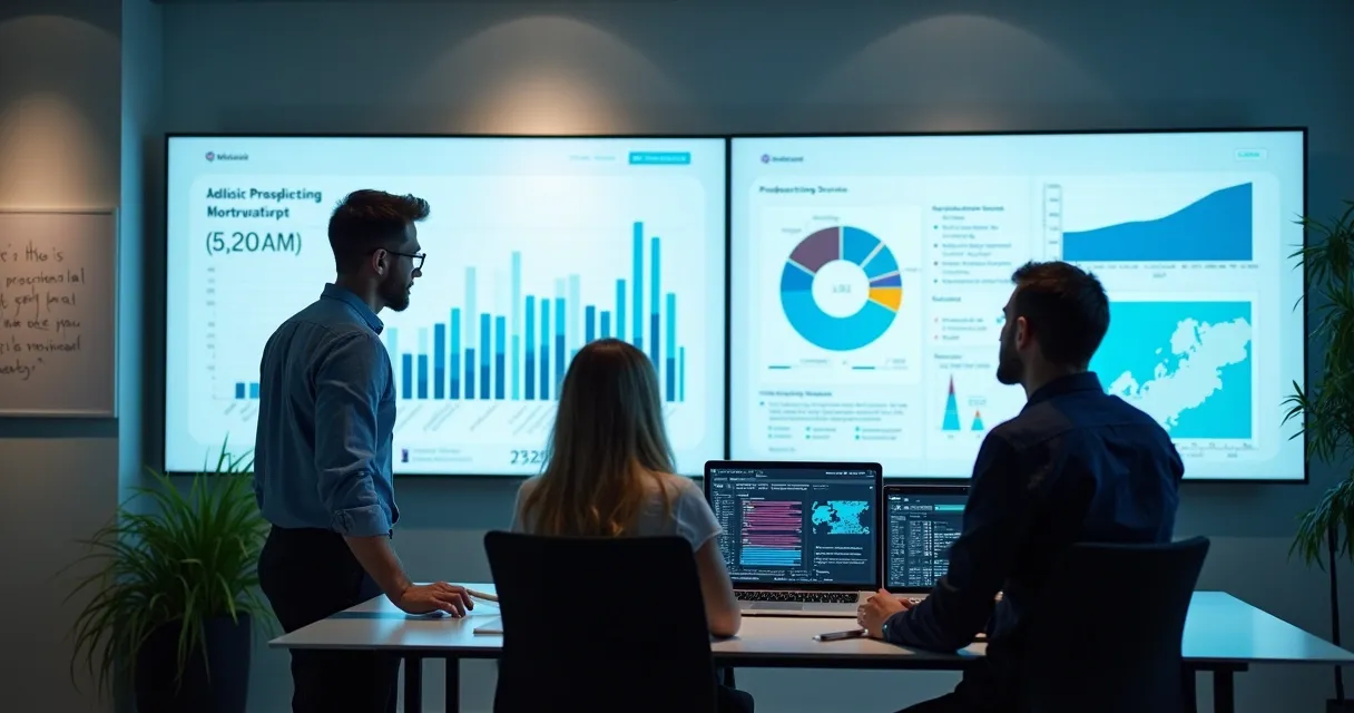 Equipe comercial analisando dados de prospecção em escritório moderno 