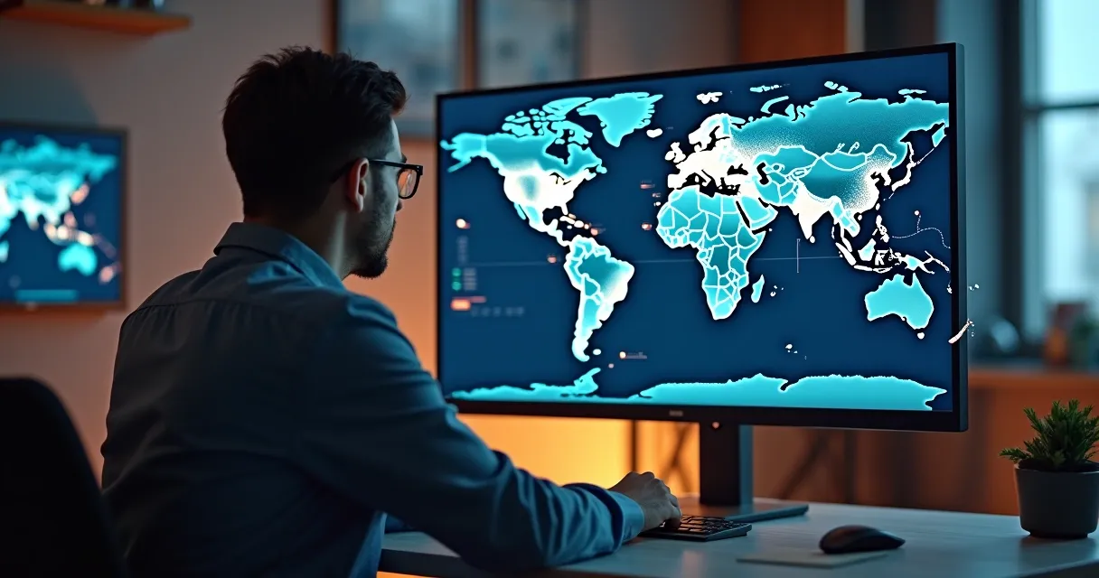 Profissional analisa cadastro logístico em tela com mapa e gráficos 
