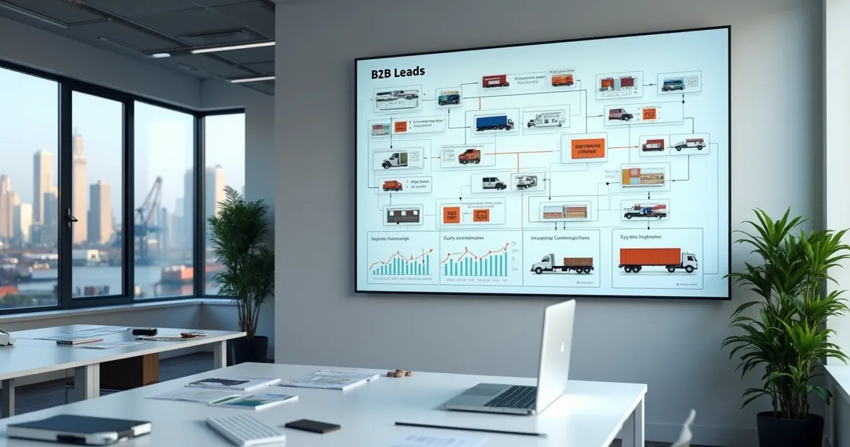 Painel digital com leads B2B e fluxos de transporte 